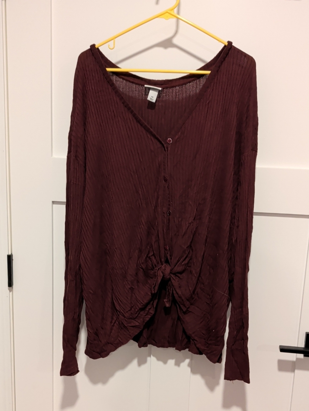 Ava & Viv Long-Sleeve V-Neck Button Front Top in Burgundy